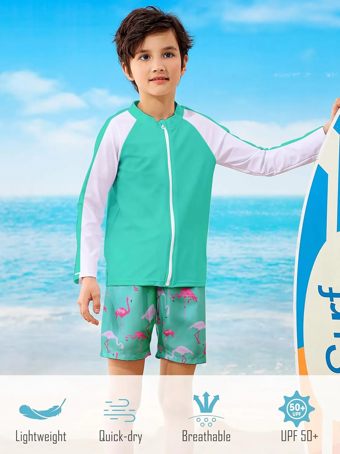 Boys Two Piece Swim Set Zipper Rash Guard Swimsuits Long Sleeve Bathing Suit for 4-12 Years