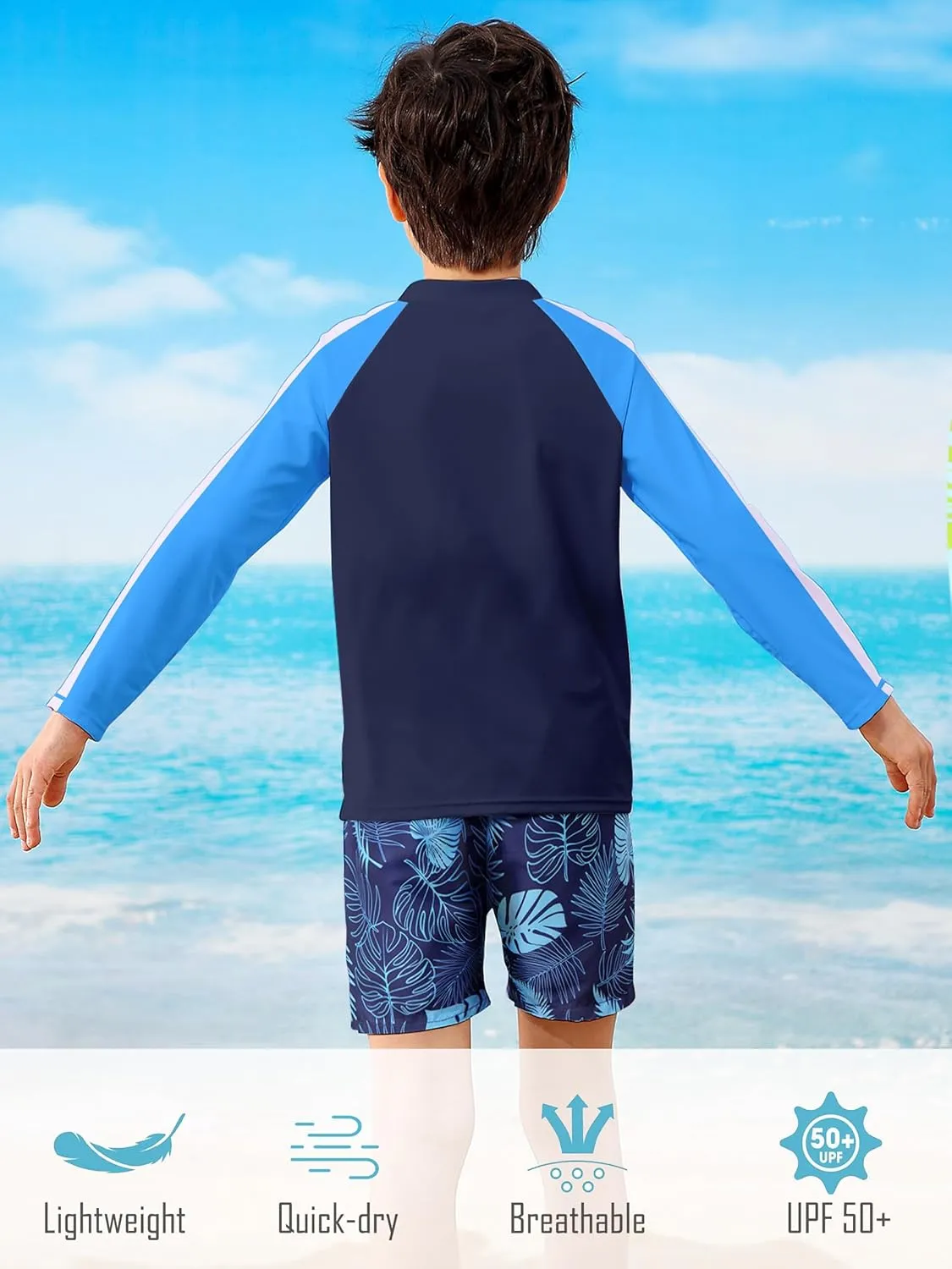 Boys Two Piece Swim Set Zipper Rash Guard Swimsuits Long Sleeve Bathing Suit for 4-12 Years