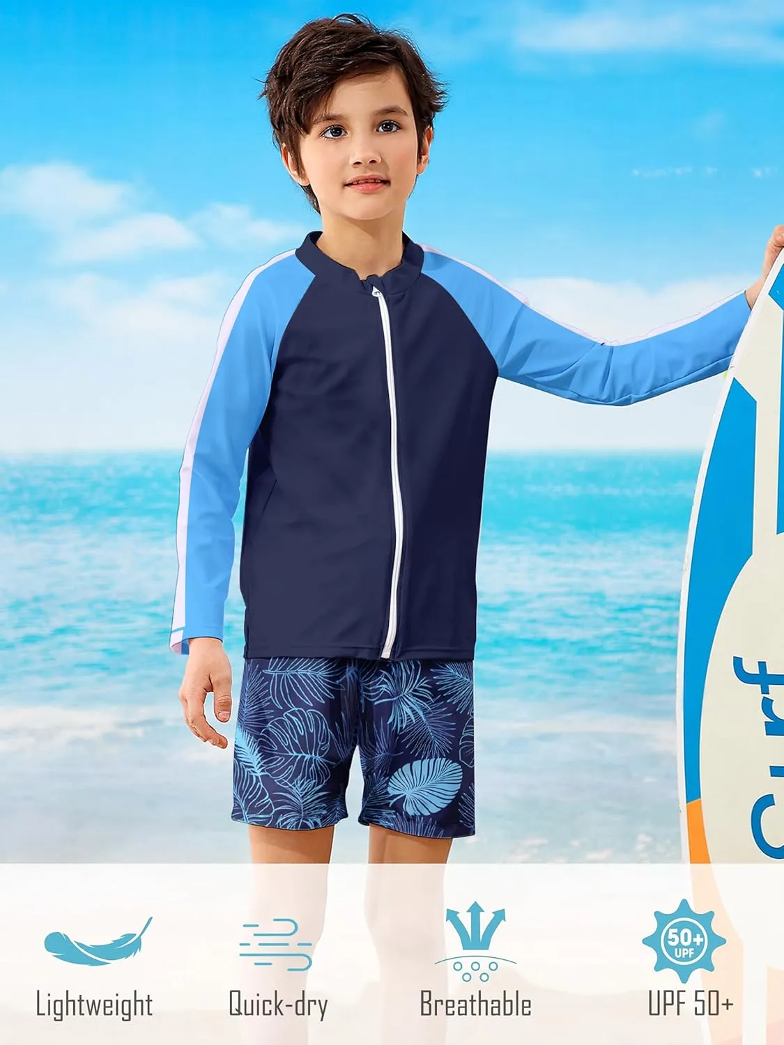Boys Two Piece Swim Set Zipper Rash Guard Swimsuits Long Sleeve Bathing Suit for 4-12 Years