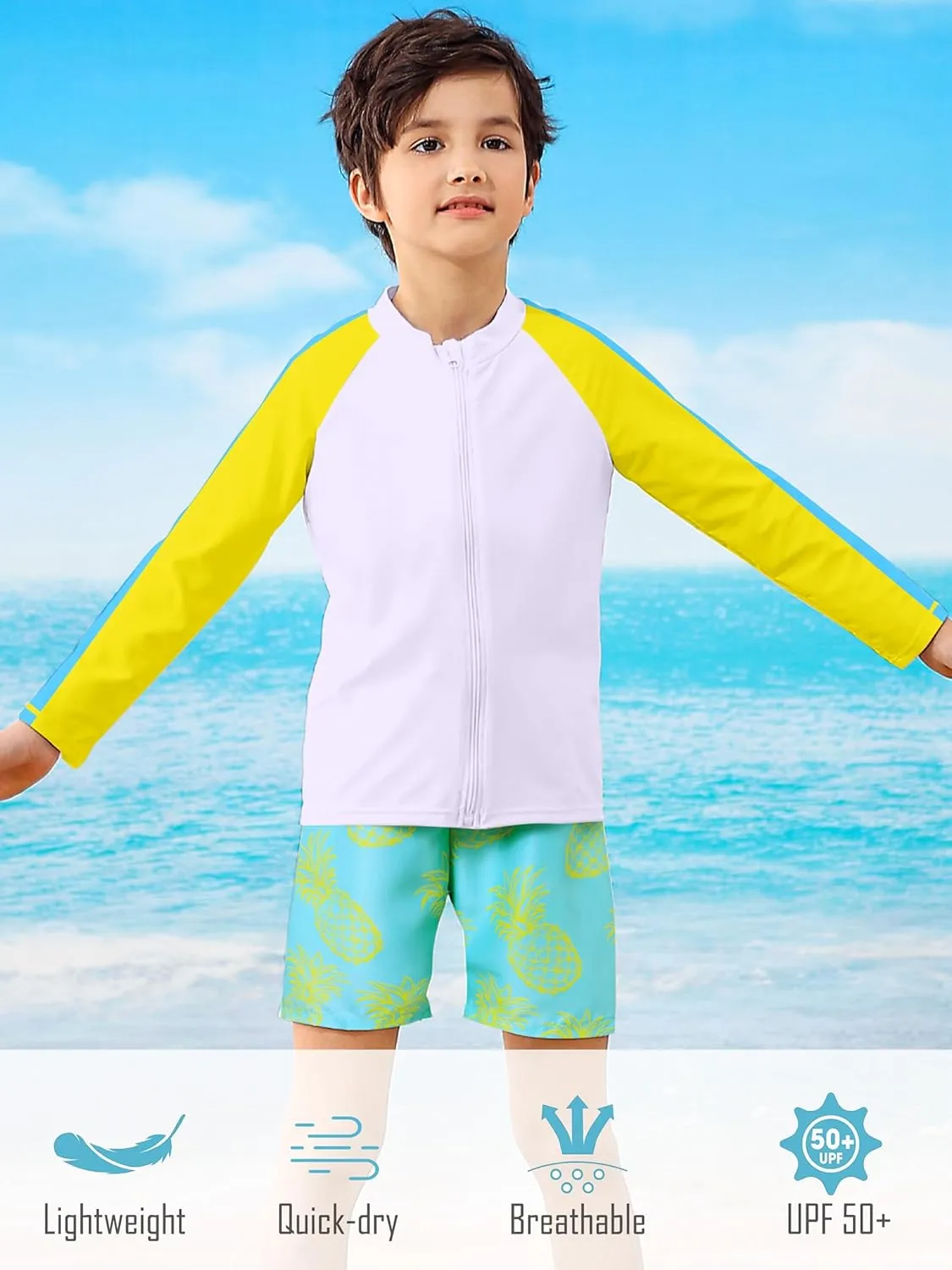 Boys Two Piece Swim Set Zipper Rash Guard Swimsuits Long Sleeve Bathing Suit for 4-12 Years