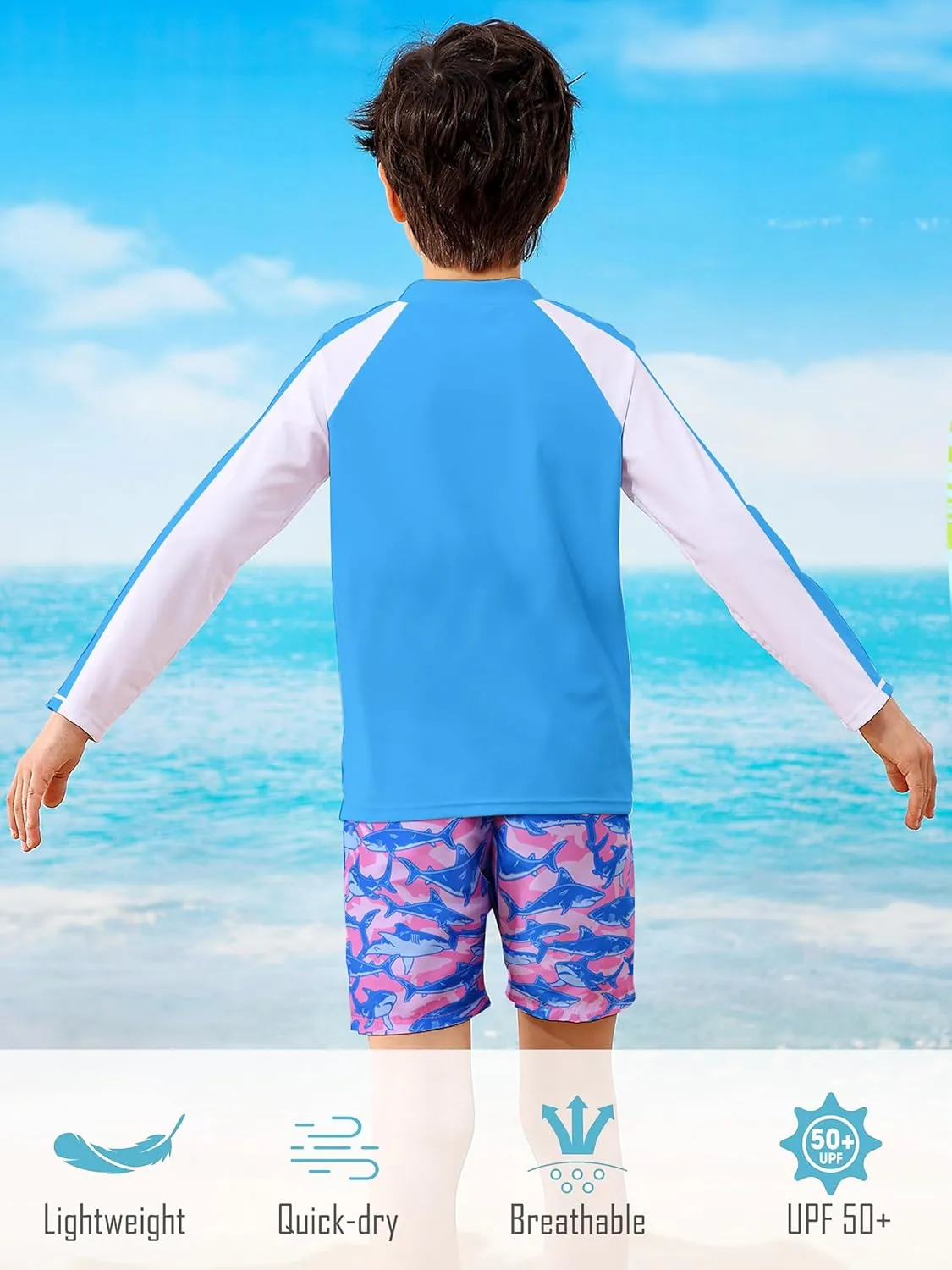 Boys Two Piece Swim Set Zipper Rash Guard Swimsuits Long Sleeve Bathing Suit for 4-12 Years