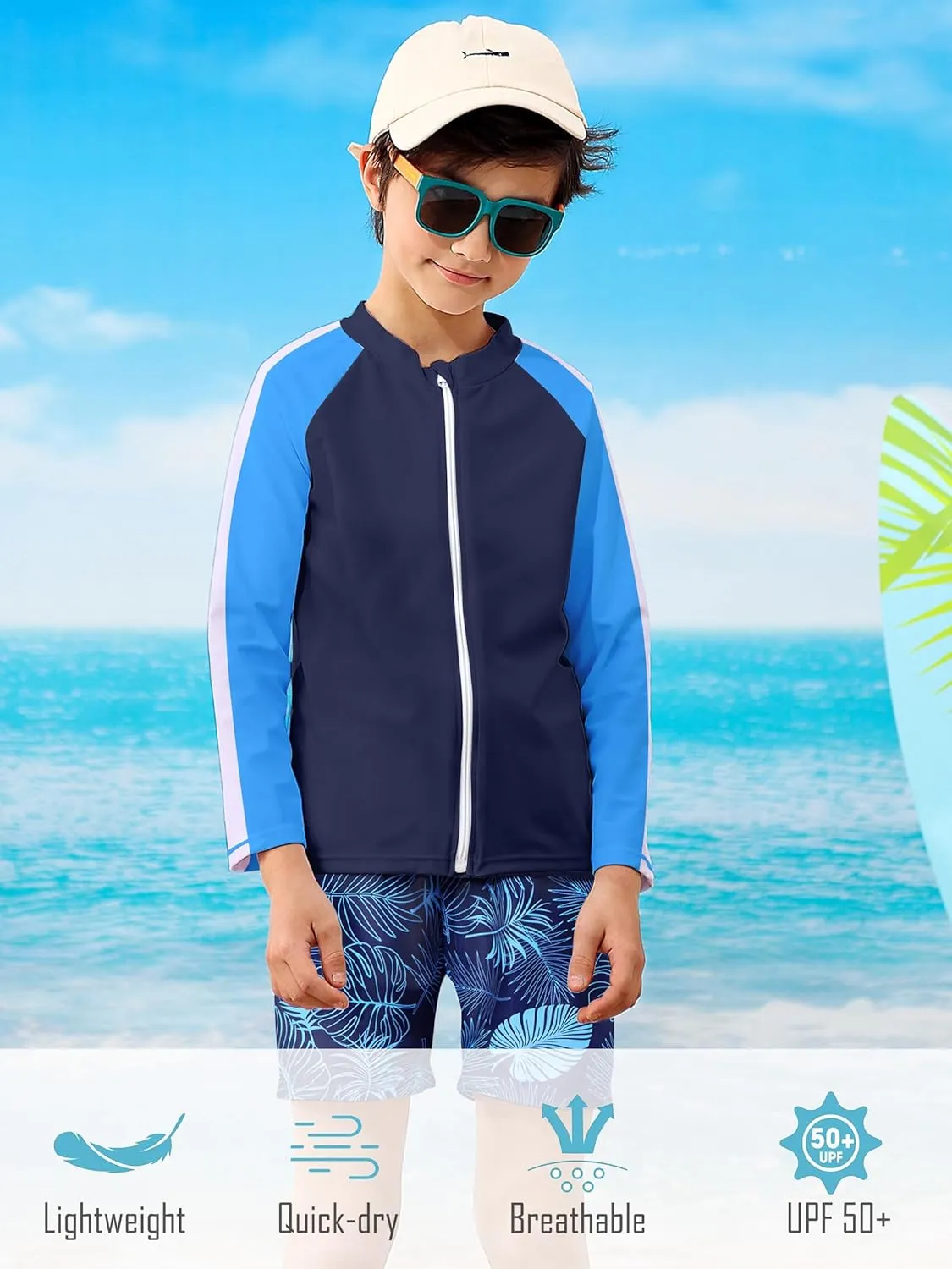 Boys Two Piece Swim Set Zipper Rash Guard Swimsuits Long Sleeve Bathing Suit for 4-12 Years