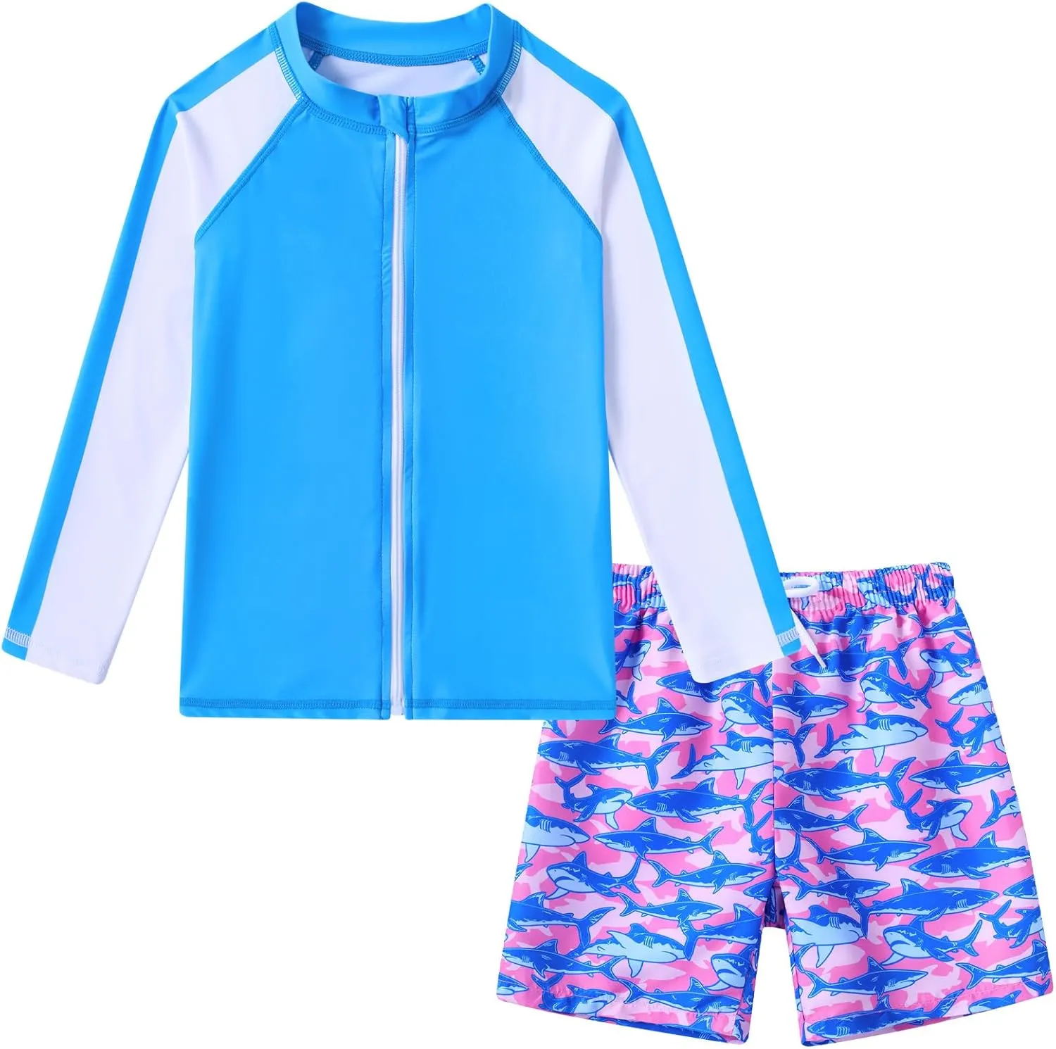 Boys Two Piece Swim Set Zipper Rash Guard Swimsuits Long Sleeve Bathing Suit for 4-12 Years