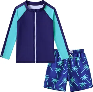 Boys Two Piece Swim Set Zipper Rash Guard Swimsuits Long Sleeve Bathing Suit for 4-12 Years