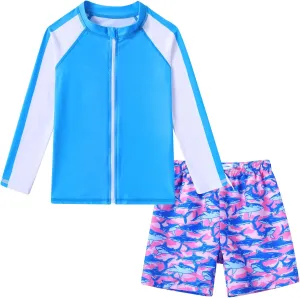 Boys Two Piece Swim Set Zipper Rash Guard Swimsuits Long Sleeve Bathing Suit for 4-12 Years