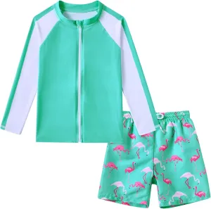 Boys Two Piece Swim Set Zipper Rash Guard Swimsuits Long Sleeve Bathing Suit for 4-12 Years