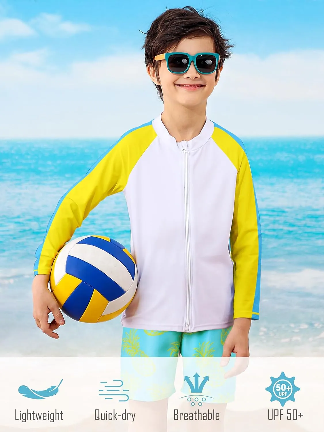 Boys Two Piece Swim Set Zipper Rash Guard Swimsuits Long Sleeve Bathing Suit for 4-12 Years