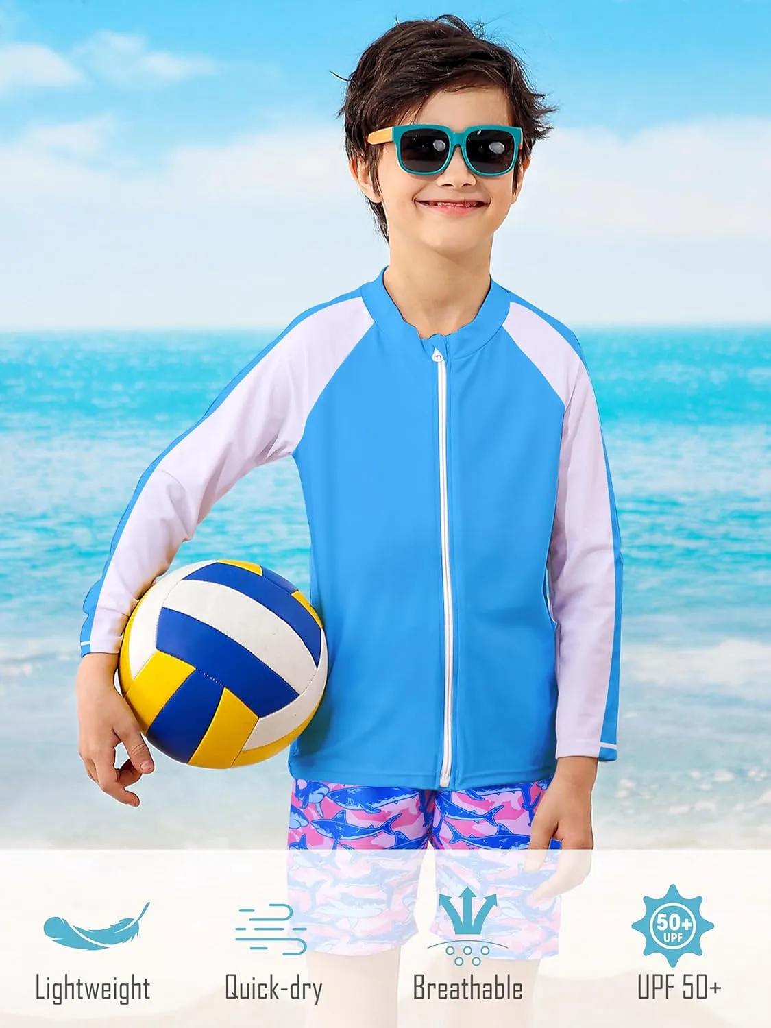 Boys Two Piece Swim Set Zipper Rash Guard Swimsuits Long Sleeve Bathing Suit for 4-12 Years