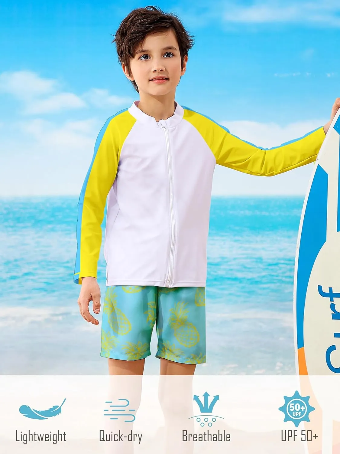 Boys Two Piece Swim Set Zipper Rash Guard Swimsuits Long Sleeve Bathing Suit for 4-12 Years