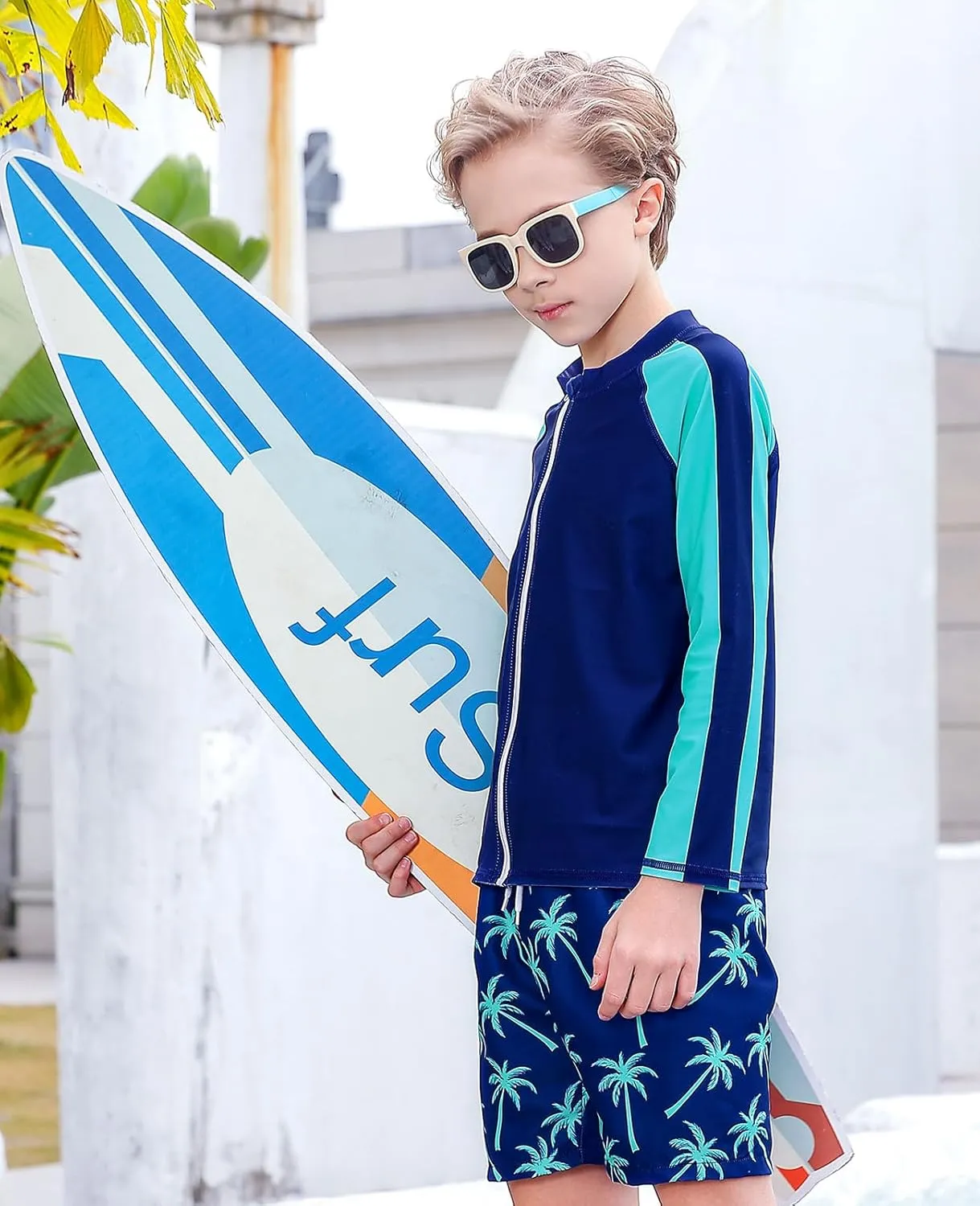 Boys Two Piece Swim Set Zipper Rash Guard Swimsuits Long Sleeve Bathing Suit for 4-12 Years