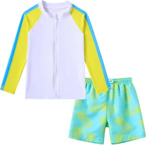 Boys Two Piece Swim Set Zipper Rash Guard Swimsuits Long Sleeve Bathing Suit for 4-12 Years