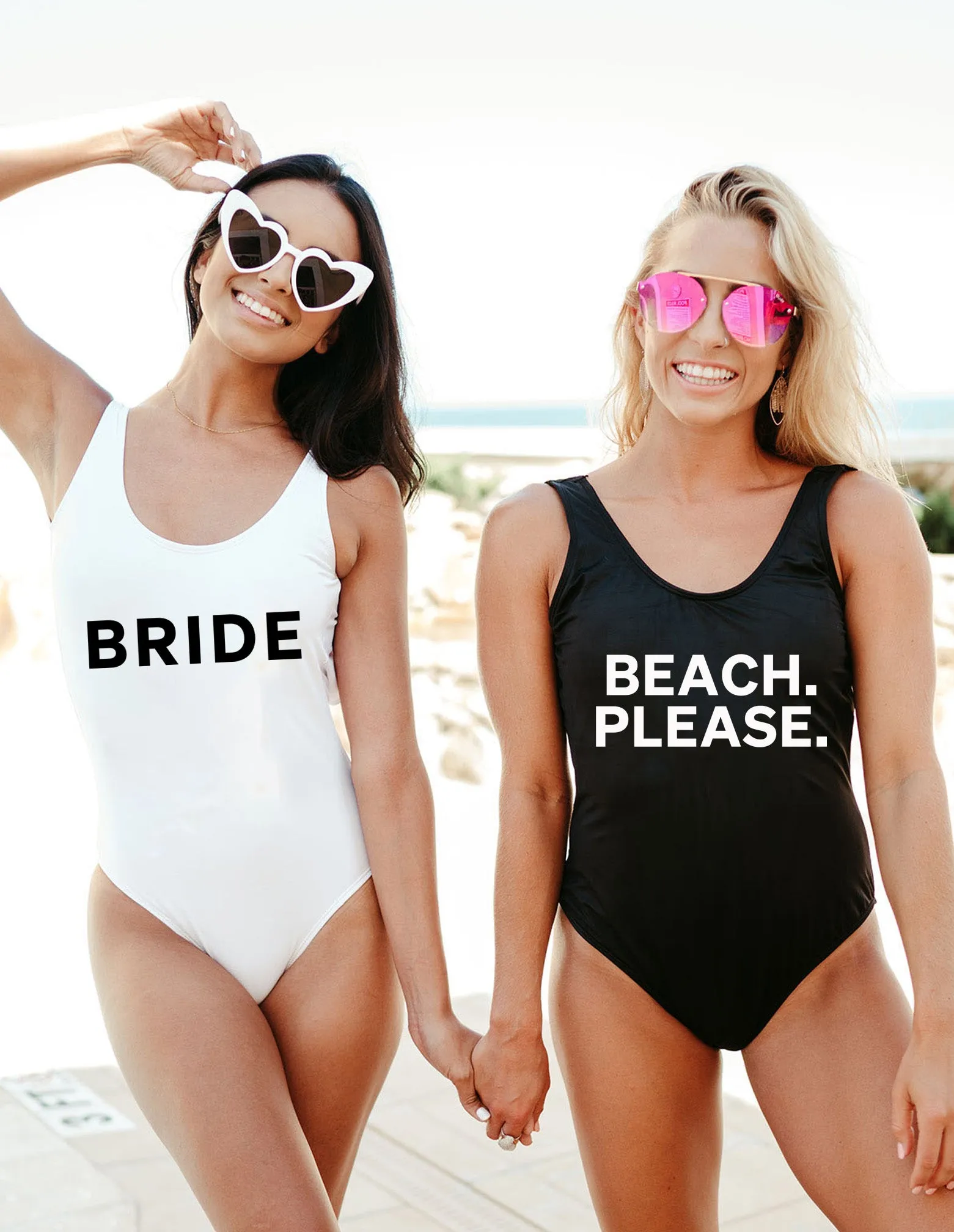 Bride, Beach Please Bachelorette Swimsuits
