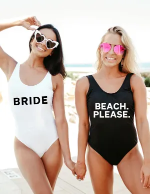 Bride, Beach Please Bachelorette Swimsuits
