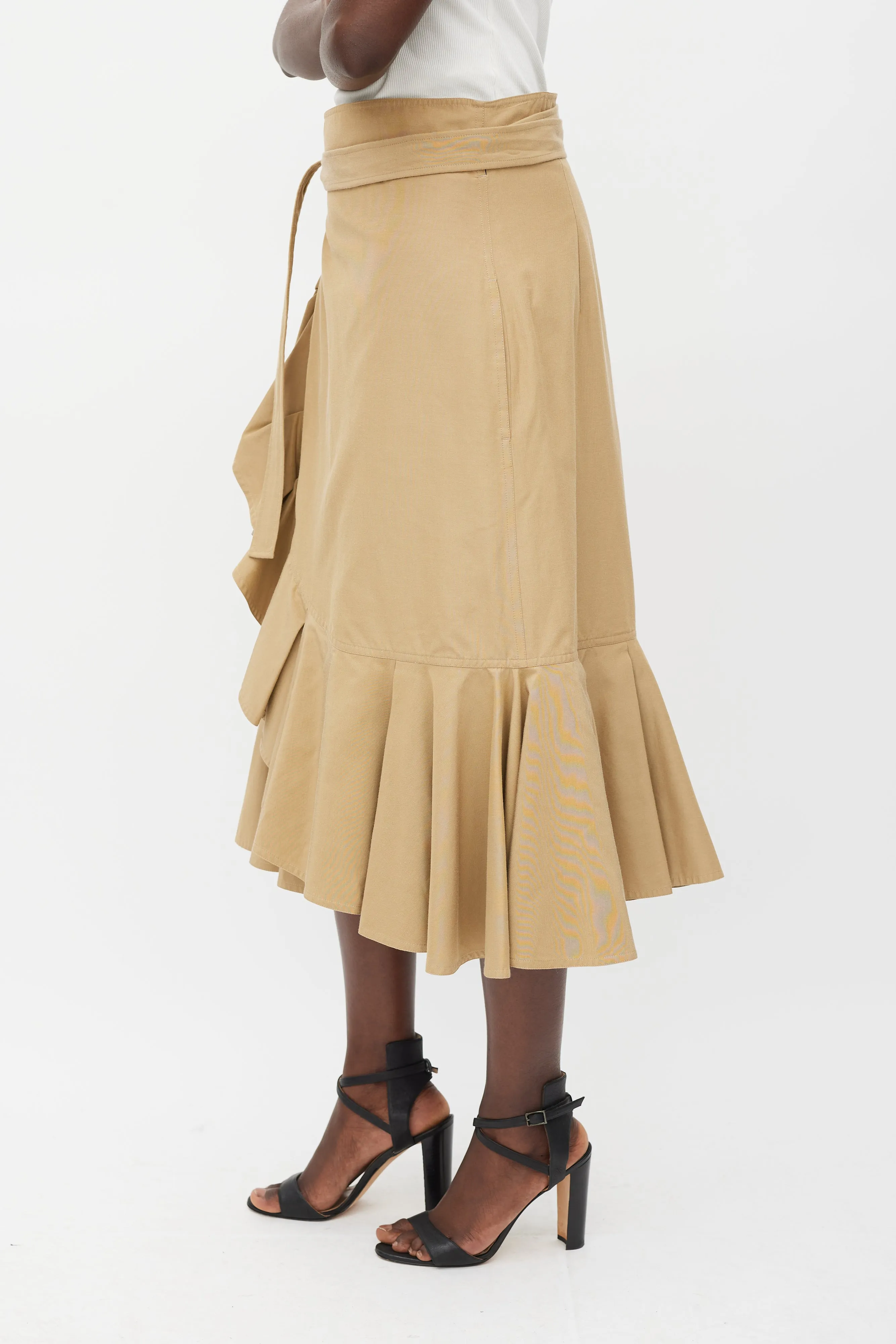 Brown Cotton & Silk Ruffled Wrap Skirt
