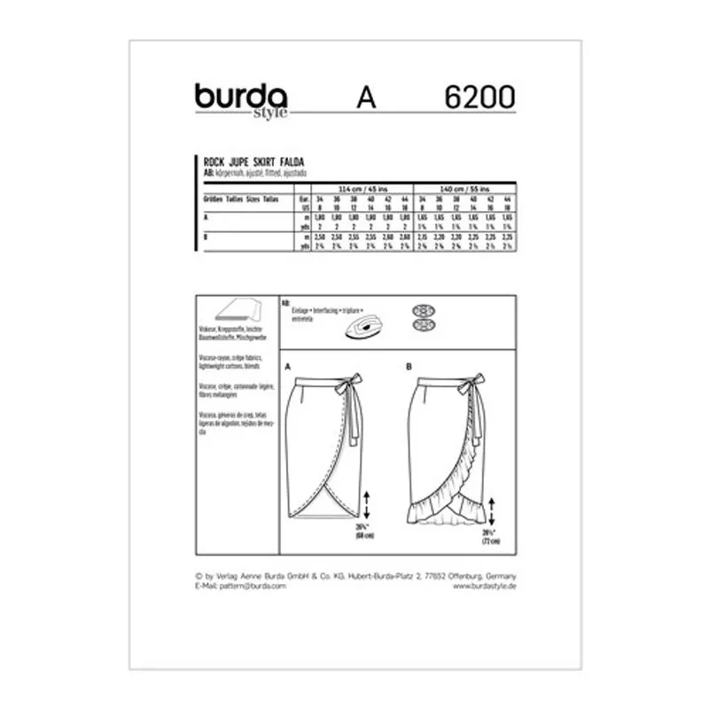Burda Pattern X06200 Misses' Wrap Skirt With Tie (34-44)