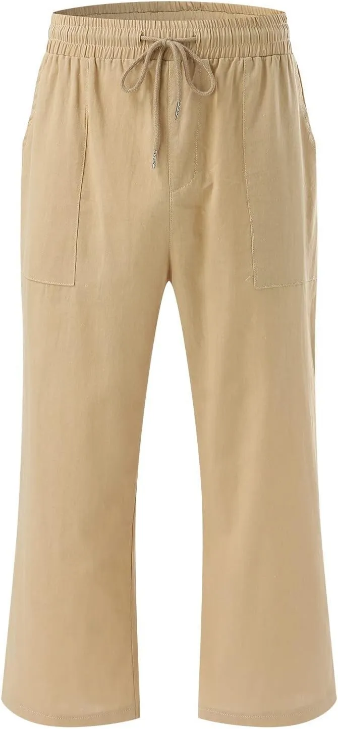 Capri Pants for Women Cotton Linen Casual Summer Straight Leg Loose High Waist Cropped Trouser Beach Pant