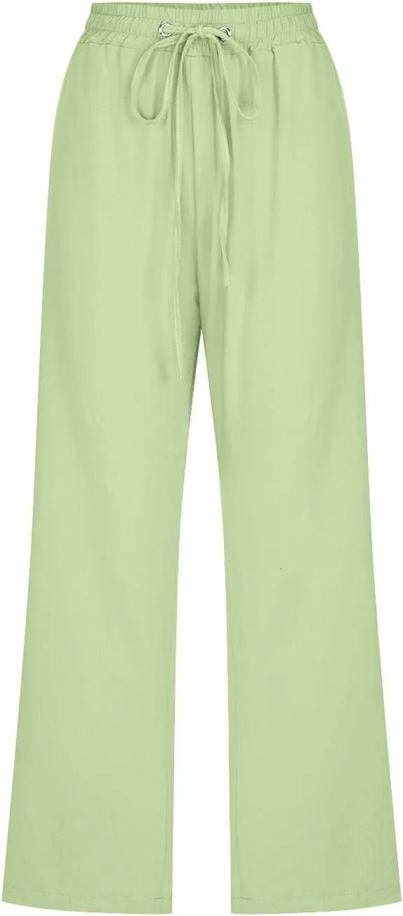 Capri Pants for Women Cotton Linen Casual Summer Straight Leg Loose High Waist Cropped Trouser Beach Pant