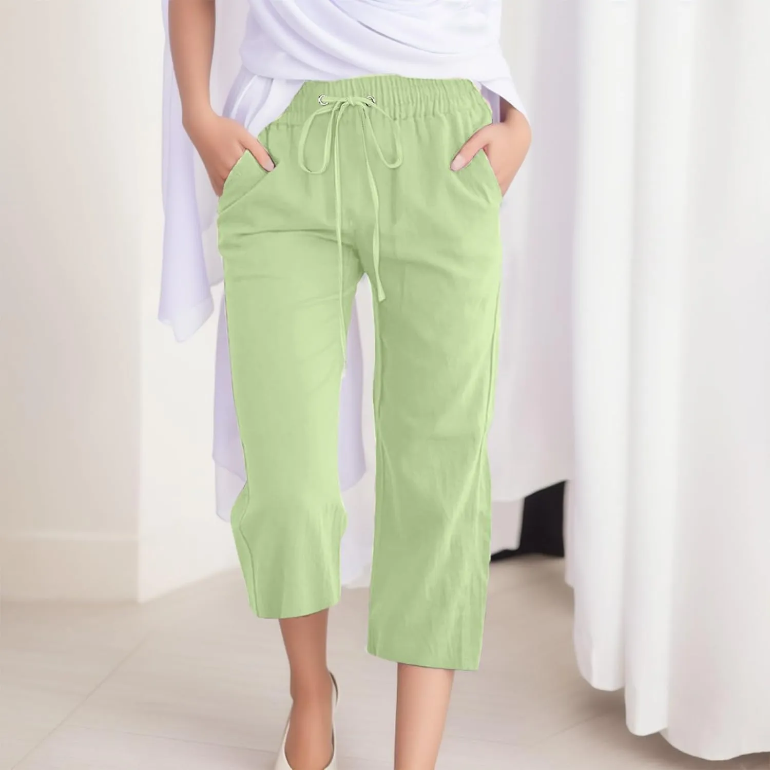 Capri Pants for Women Cotton Linen Casual Summer Straight Leg Loose High Waist Cropped Trouser Beach Pant