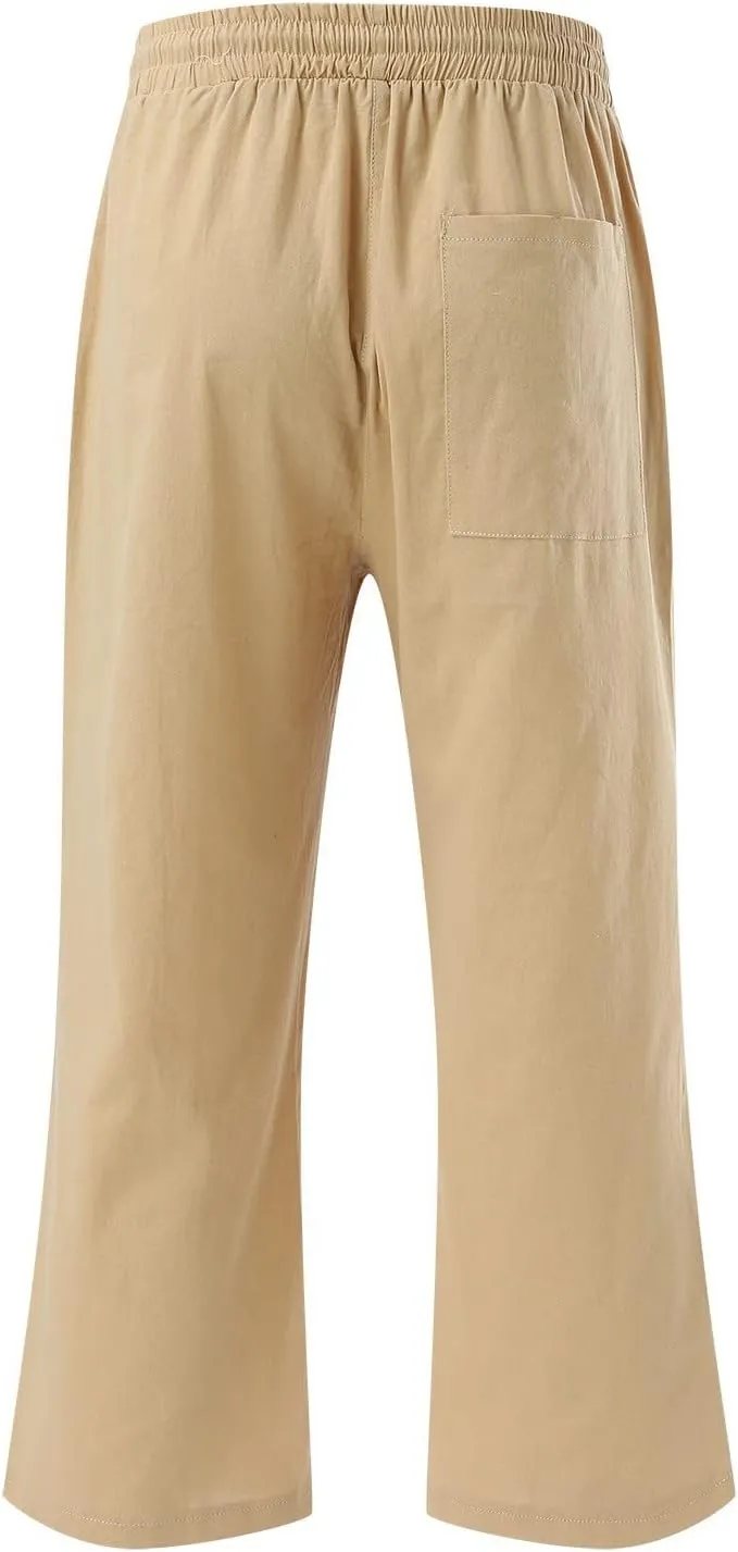 Capri Pants for Women Cotton Linen Casual Summer Straight Leg Loose High Waist Cropped Trouser Beach Pant