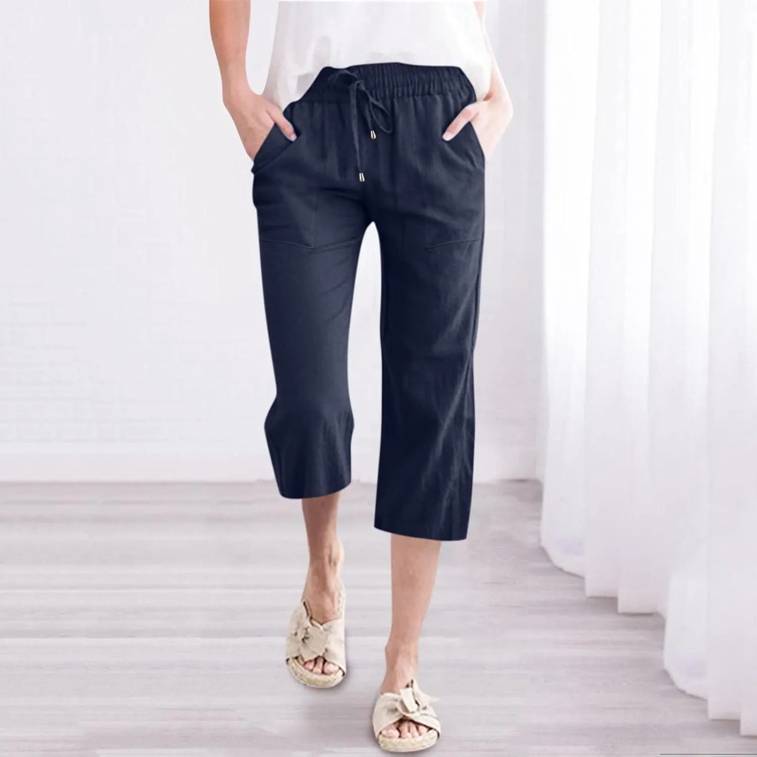 Capri Pants for Women Cotton Linen Casual Summer Straight Leg Loose High Waist Cropped Trouser Beach Pant