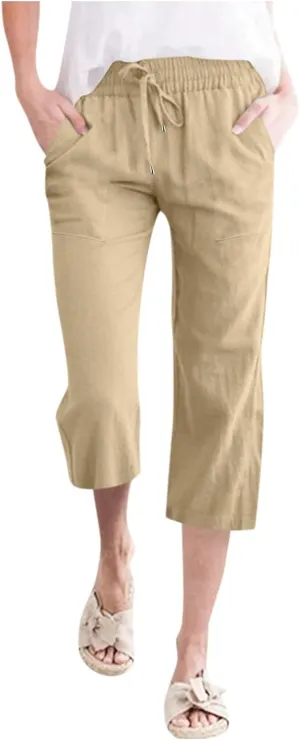 Capri Pants for Women Cotton Linen Casual Summer Straight Leg Loose High Waist Cropped Trouser Beach Pant
