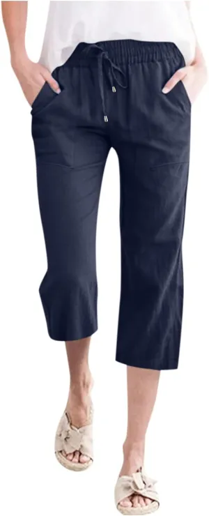Capri Pants for Women Cotton Linen Casual Summer Straight Leg Loose High Waist Cropped Trouser Beach Pant