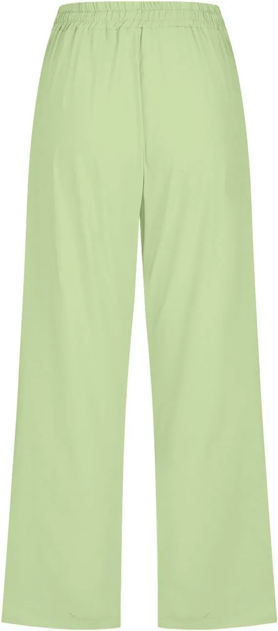 Capri Pants for Women Cotton Linen Casual Summer Straight Leg Loose High Waist Cropped Trouser Beach Pant