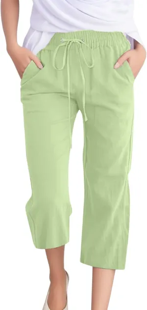 Capri Pants for Women Cotton Linen Casual Summer Straight Leg Loose High Waist Cropped Trouser Beach Pant