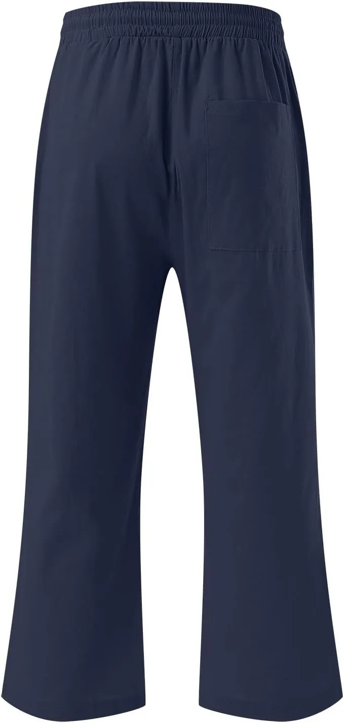 Capri Pants for Women Cotton Linen Casual Summer Straight Leg Loose High Waist Cropped Trouser Beach Pant