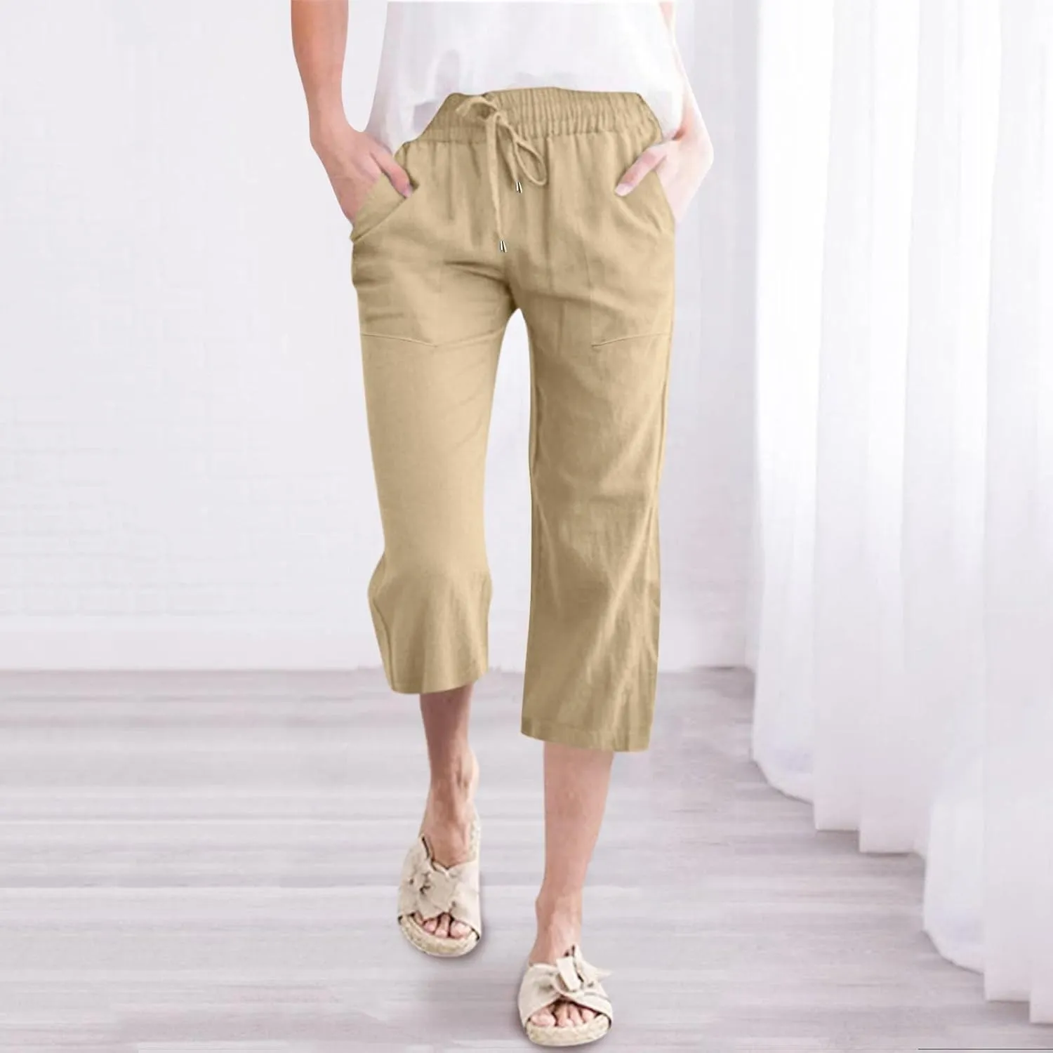 Capri Pants for Women Cotton Linen Casual Summer Straight Leg Loose High Waist Cropped Trouser Beach Pant
