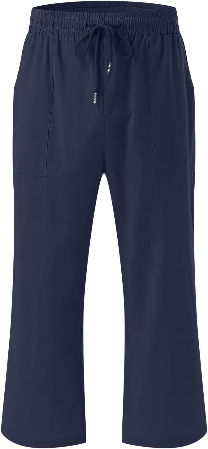 Capri Pants for Women Cotton Linen Casual Summer Straight Leg Loose High Waist Cropped Trouser Beach Pant