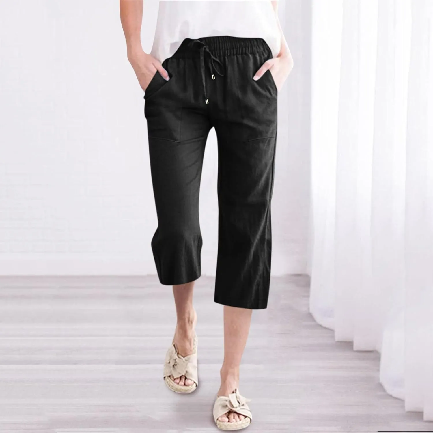 Capris Pants for Women Casual Summer 2025 Cotton Linen Palazzo Drawstring High Waist Wide Leg Cropped Trouser