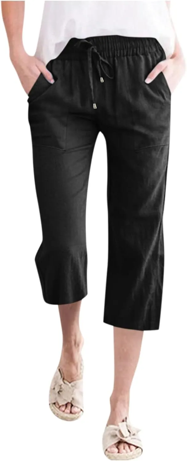 Capris Pants for Women Casual Summer 2025 Cotton Linen Palazzo Drawstring High Waist Wide Leg Cropped Trouser