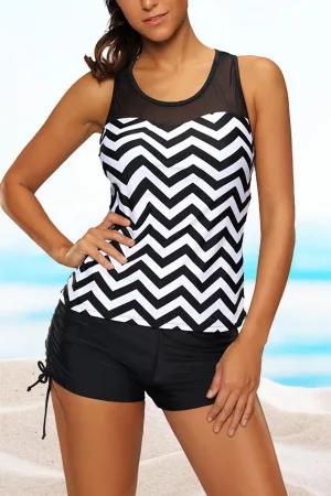 Casual Black And White Striped Tankini Swimwear
