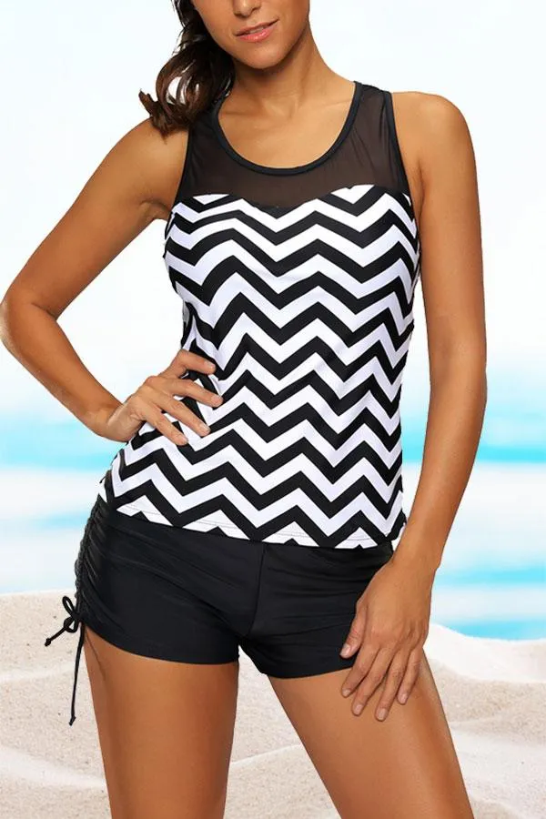 Casual Black And White Striped Tankini Swimwear