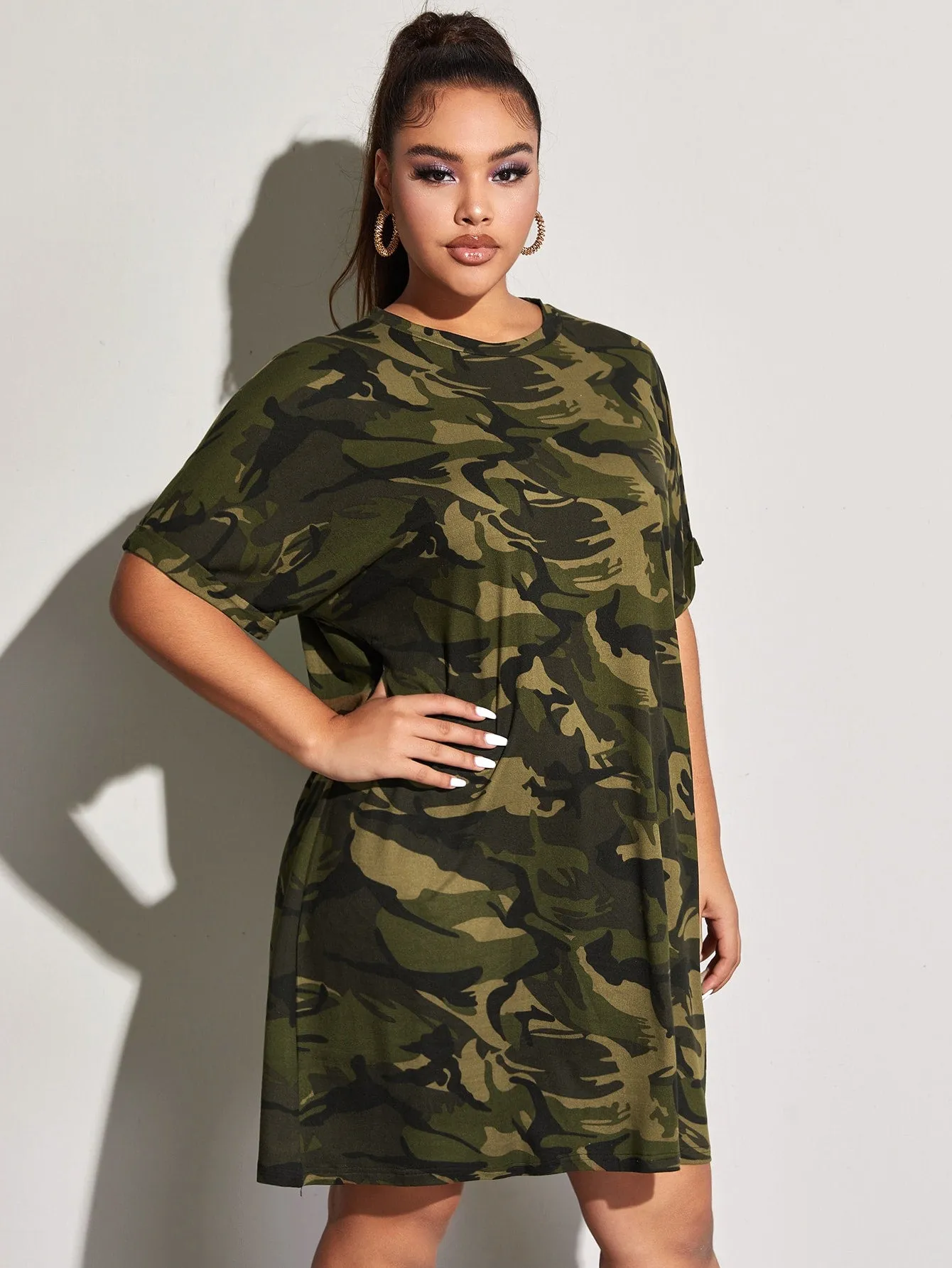 Casual Camo Short Sleeve Round Neck Straight Short Plus Size Dress