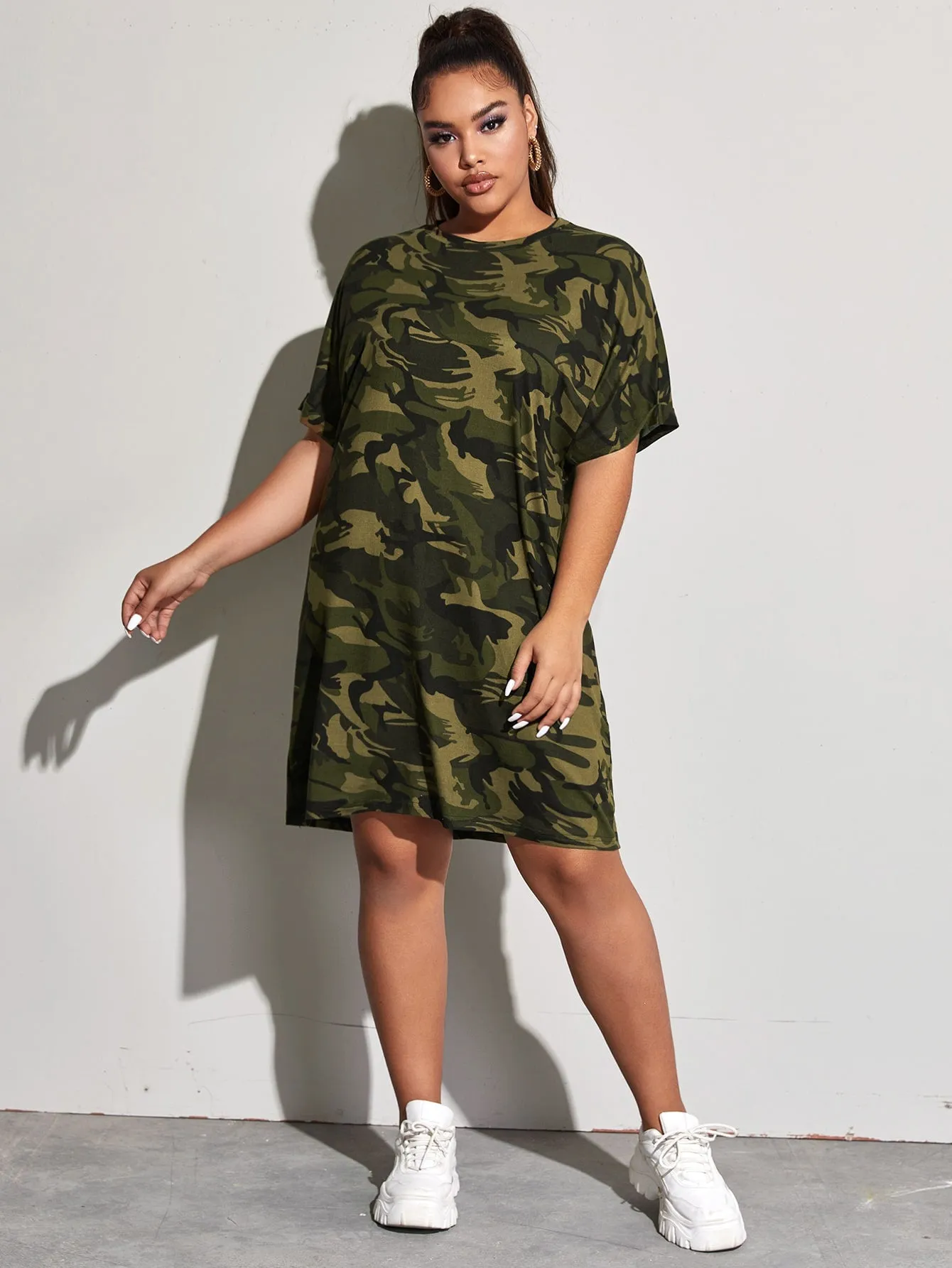 Casual Camo Short Sleeve Round Neck Straight Short Plus Size Dress