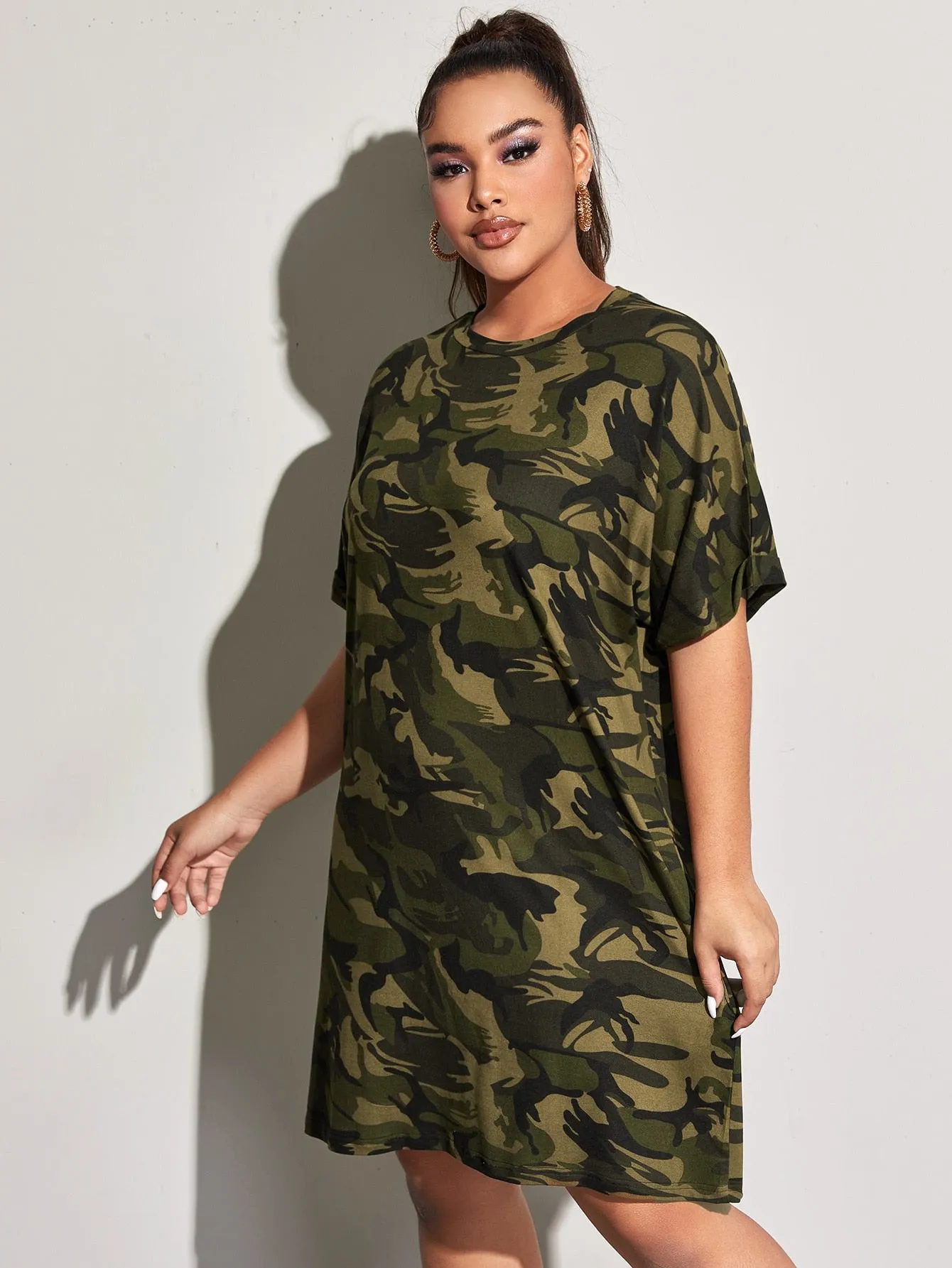 Casual Camo Short Sleeve Round Neck Straight Short Plus Size Dress