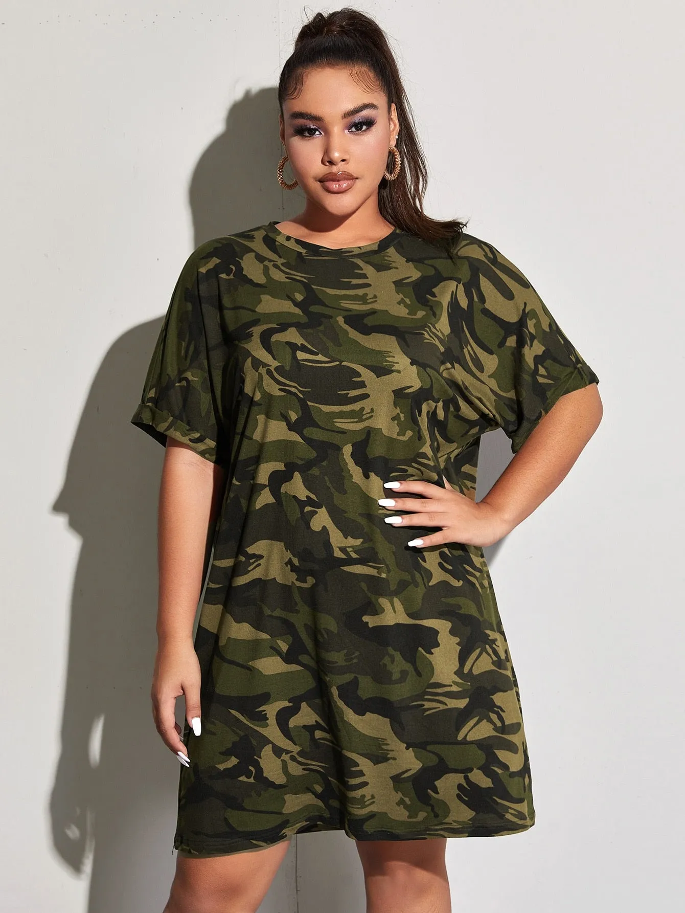 Casual Camo Short Sleeve Round Neck Straight Short Plus Size Dress