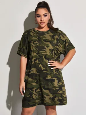 Casual Camo Short Sleeve Round Neck Straight Short Plus Size Dress