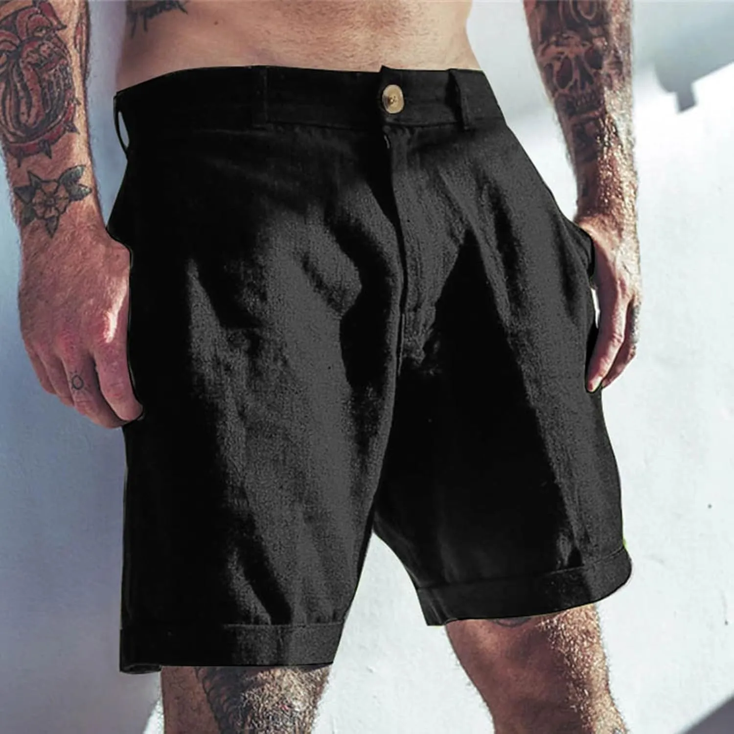 Casual Cotton Linen Shorts for Men Straight Wide Leg Lightweight Lounge Shorts Stretchy Soft Loose-Fit Comfy Short