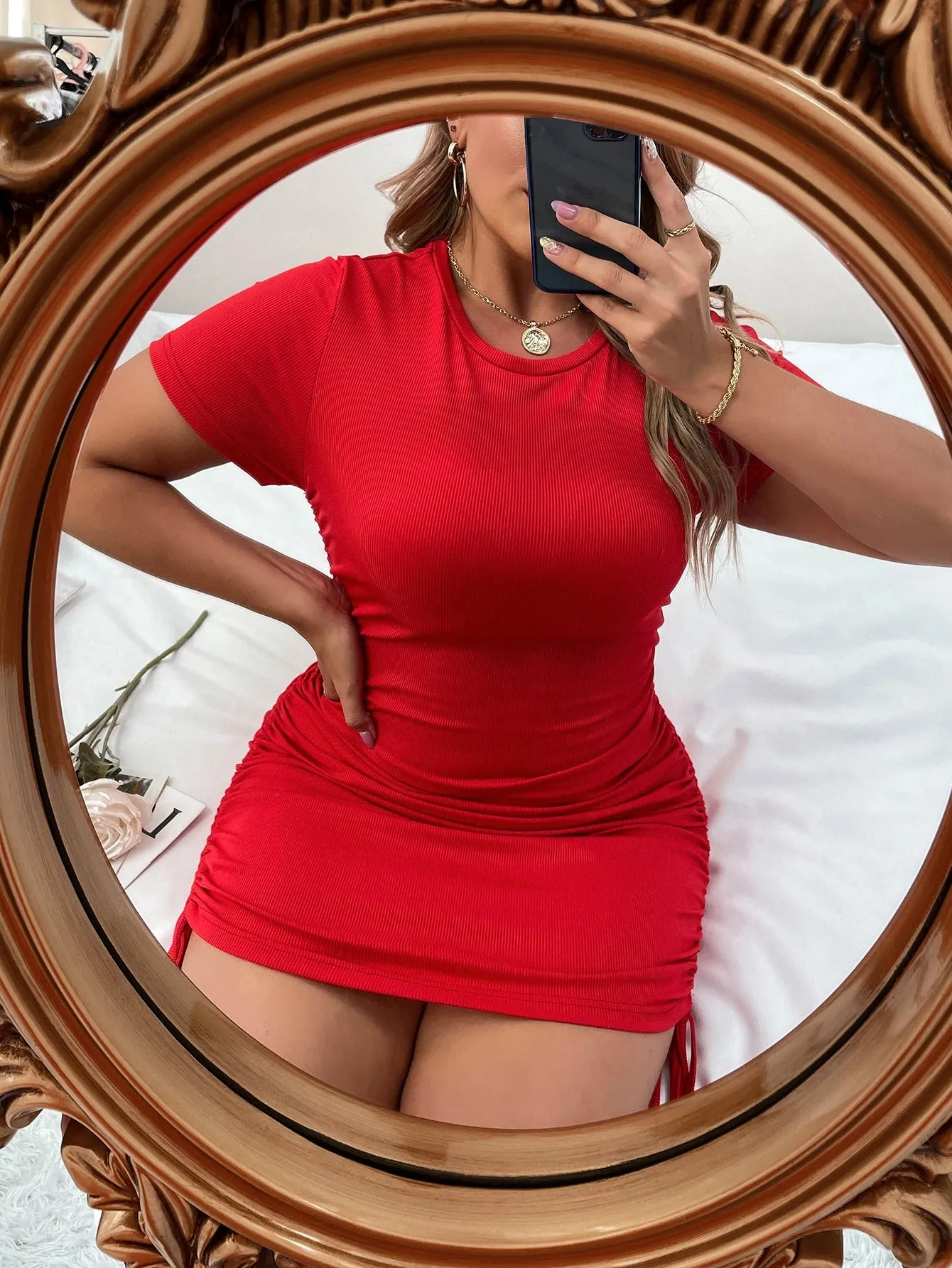 Casual Plain Ruched Sleeveless Round Neck Pencil Natural Short Plus Size Dress