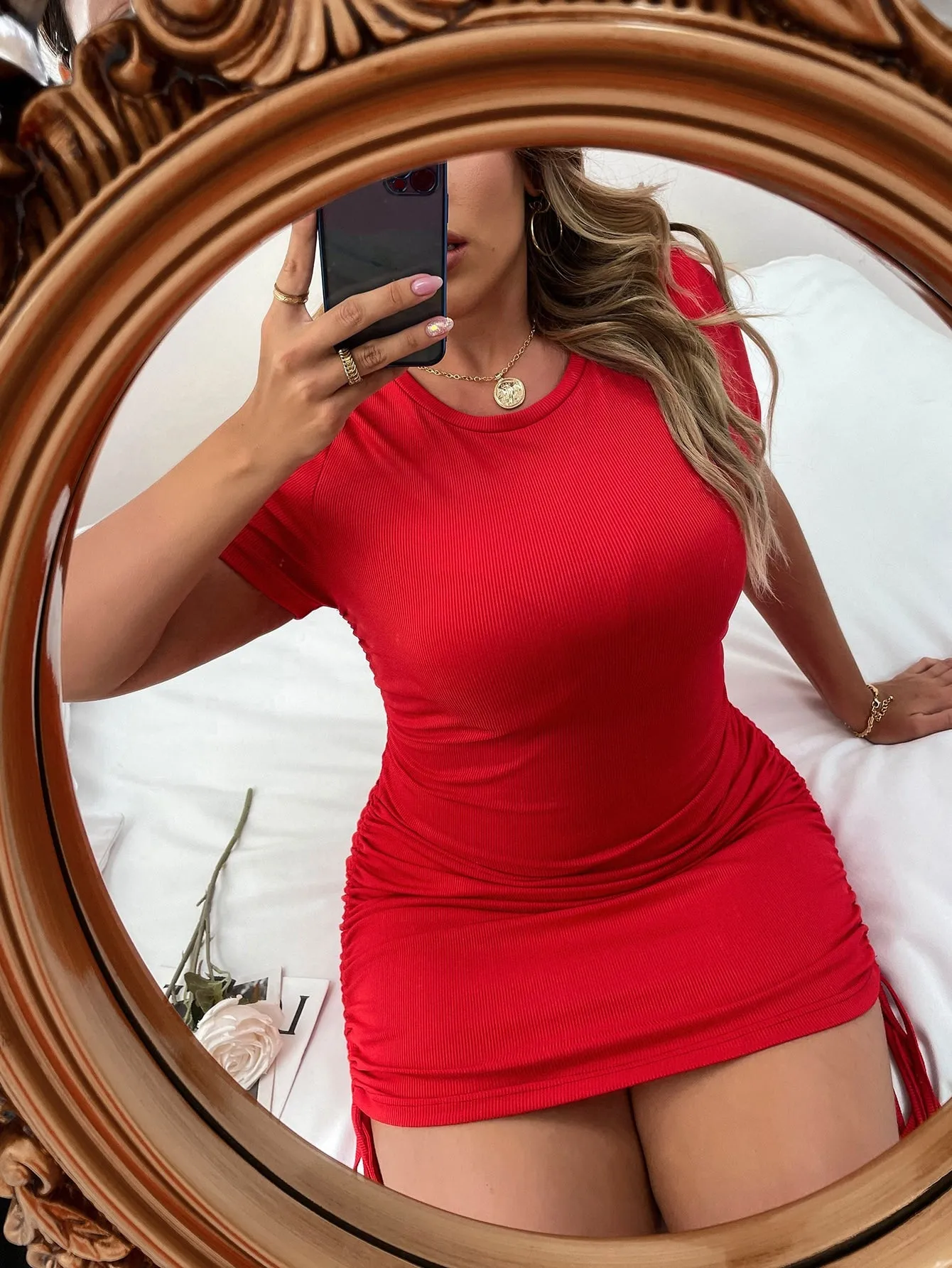 Casual Plain Ruched Sleeveless Round Neck Pencil Natural Short Plus Size Dress
