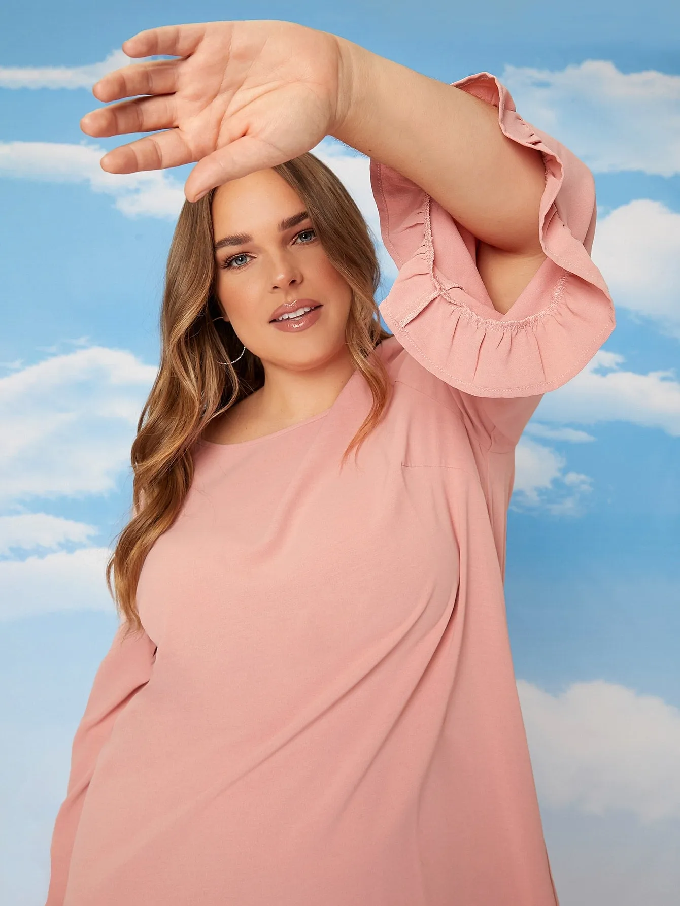 Casual Plain Ruffle Long Sleeve Round Neck Straight Natural Midi Plus Size Dress