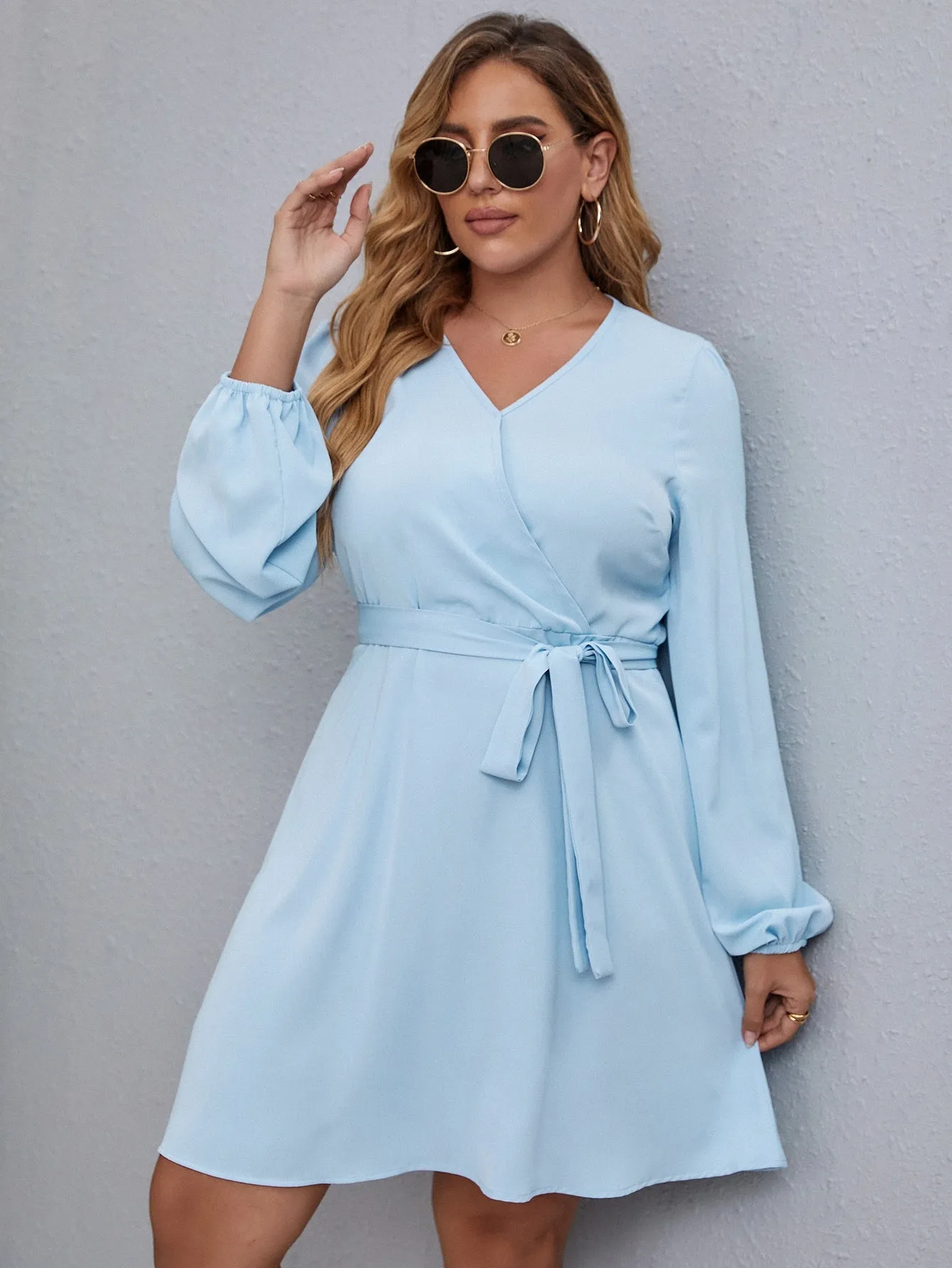 Casual Plain Wrap Long Sleeve V Neck Flared High Waist Short Oversize Dress