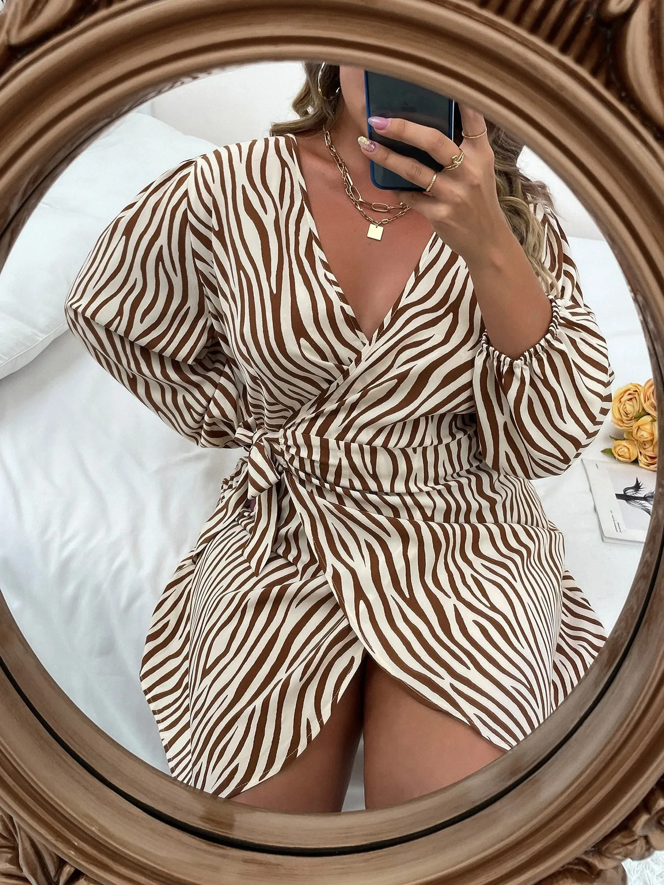 Casual Zebra Stripe Wrap Long Sleeve Deep V Neck Wrap High Waist Short Plus Size Dress
