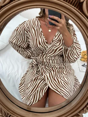 Casual Zebra Stripe Wrap Long Sleeve Deep V Neck Wrap High Waist Short Plus Size Dress