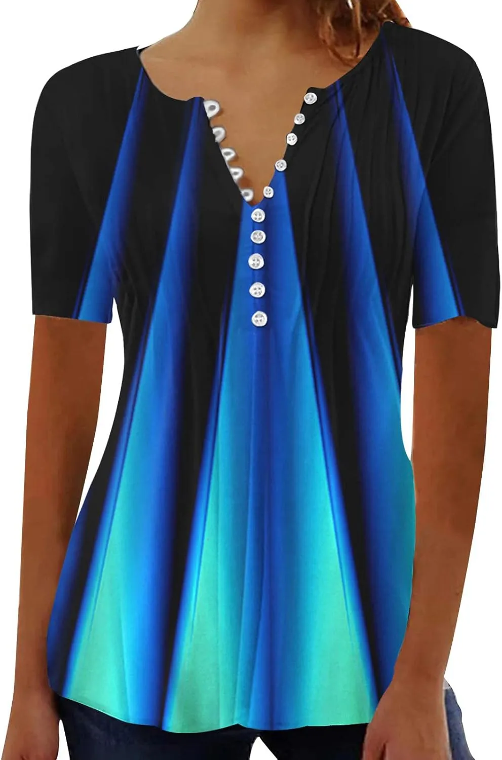 Ceboyel Loose Fitting Tops for Women 2023 Button Down Henley Blouse Floral Short Sleeve Tunic Shirt Dressy Ladies Clothing