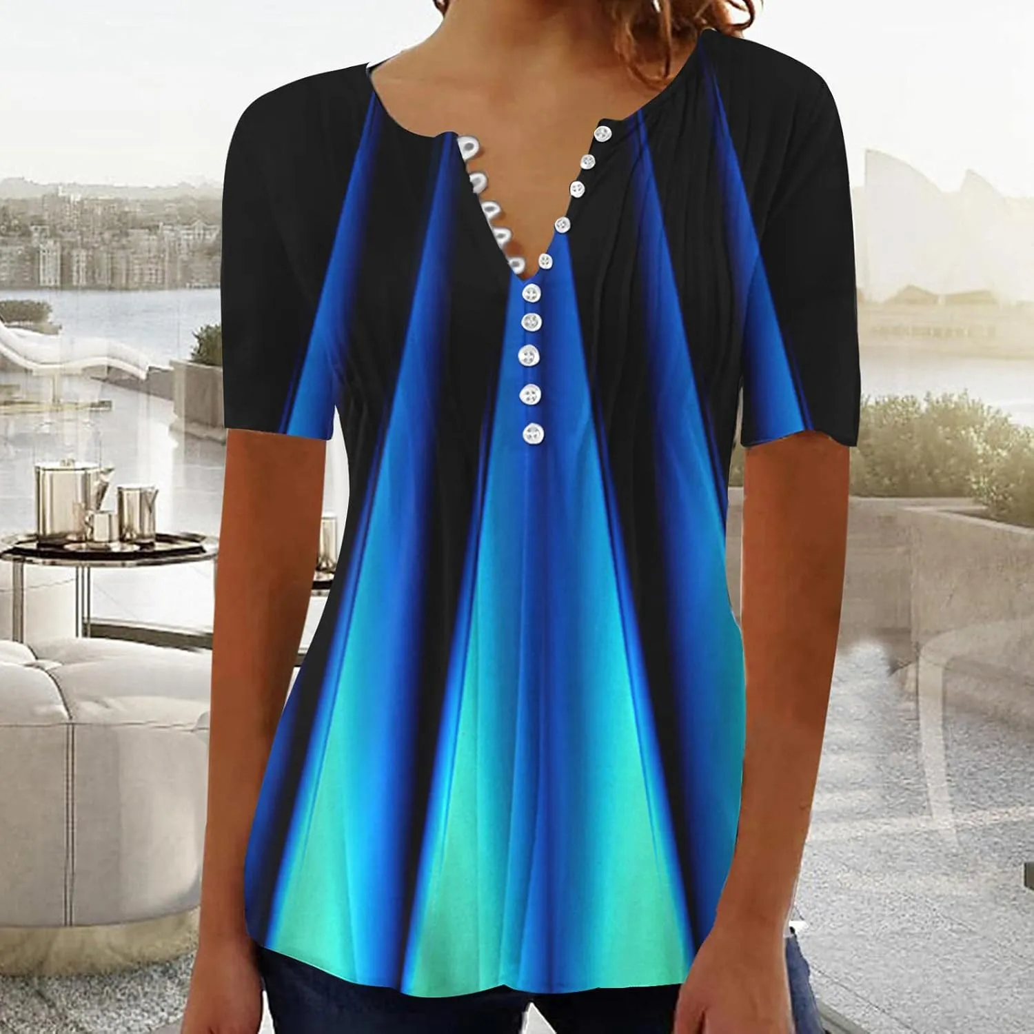 Ceboyel Loose Fitting Tops for Women 2023 Button Down Henley Blouse Floral Short Sleeve Tunic Shirt Dressy Ladies Clothing