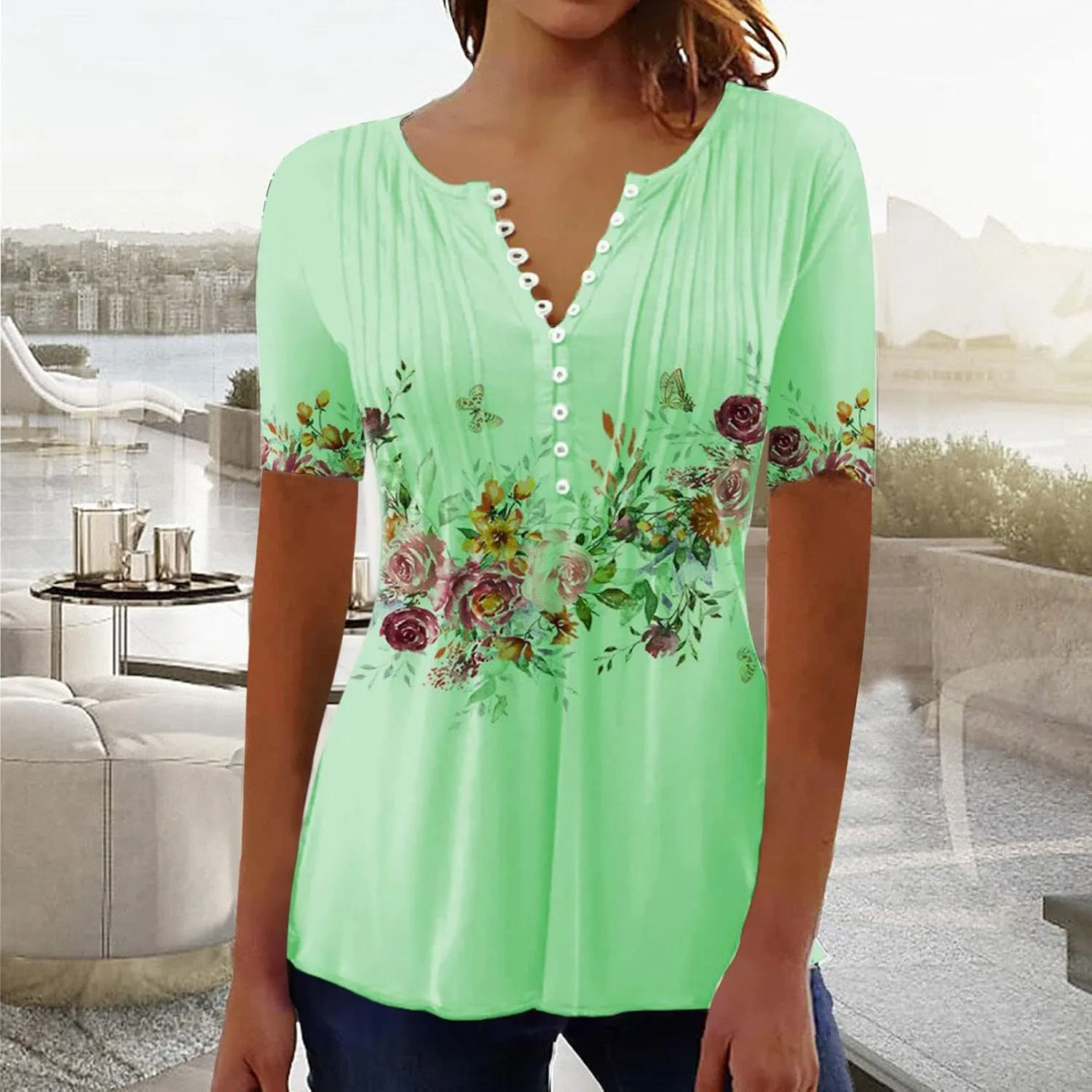 Ceboyel Women Short Sleeve Summer Tops 2023 Floral T Shirts Button V Neck Causal Blouses Trendy Dressy Ladies Fashion Clothes